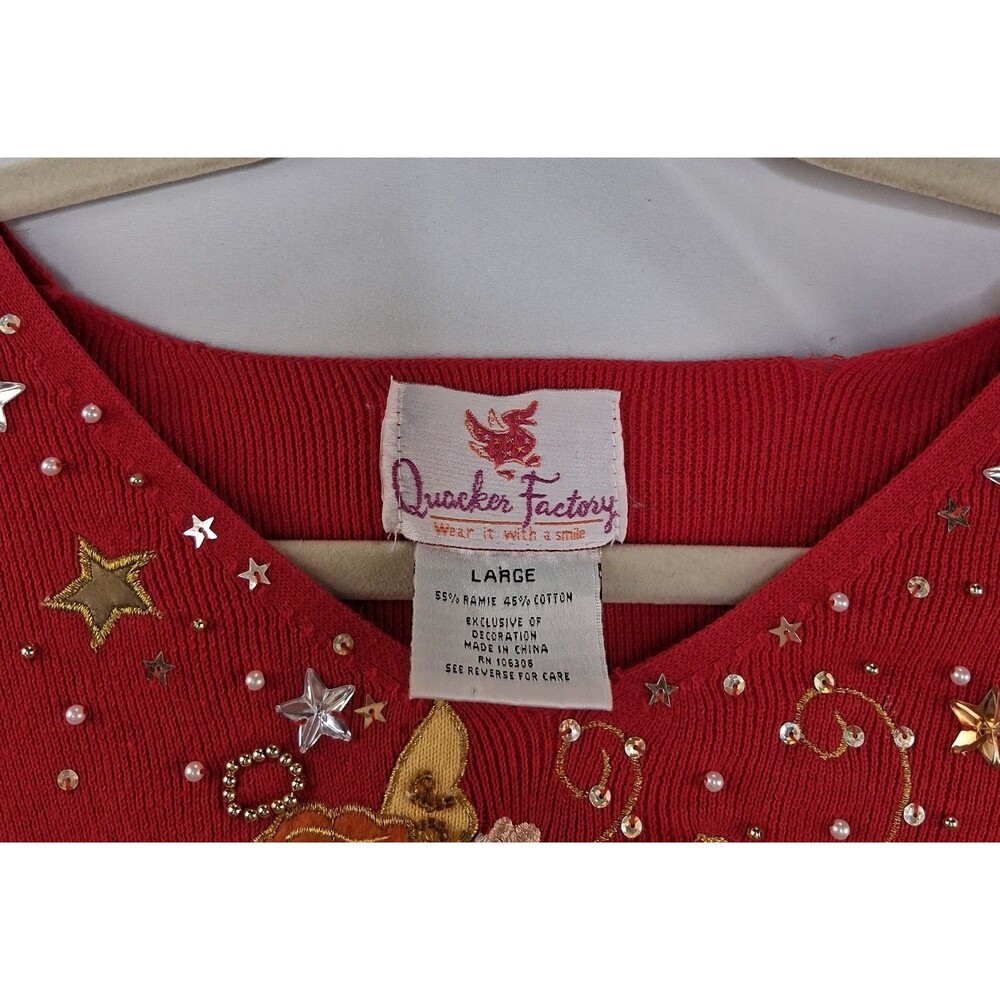 Quacker Factory Women's Red Angel Christmas Embellished V Neck Sweater Size L - Picture 4 of 11